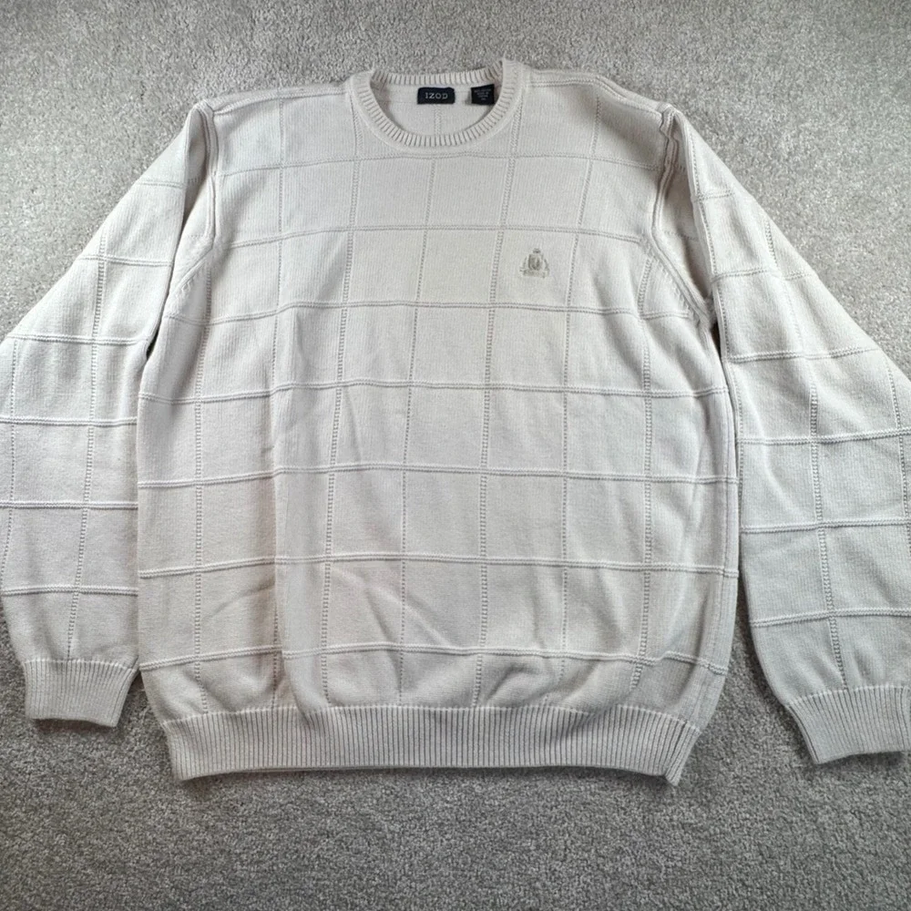 IZOD Mens XL Off White Textured Windowpane Cotton Crewneck Sweater Made in Japan